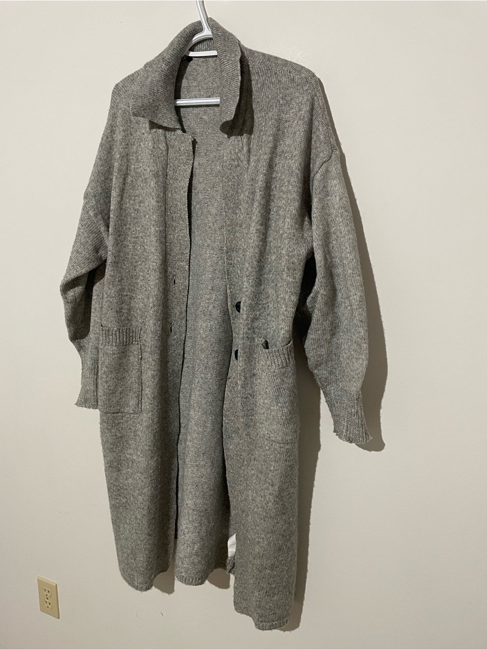 Womens Long Gray Open-Front Knit Coat